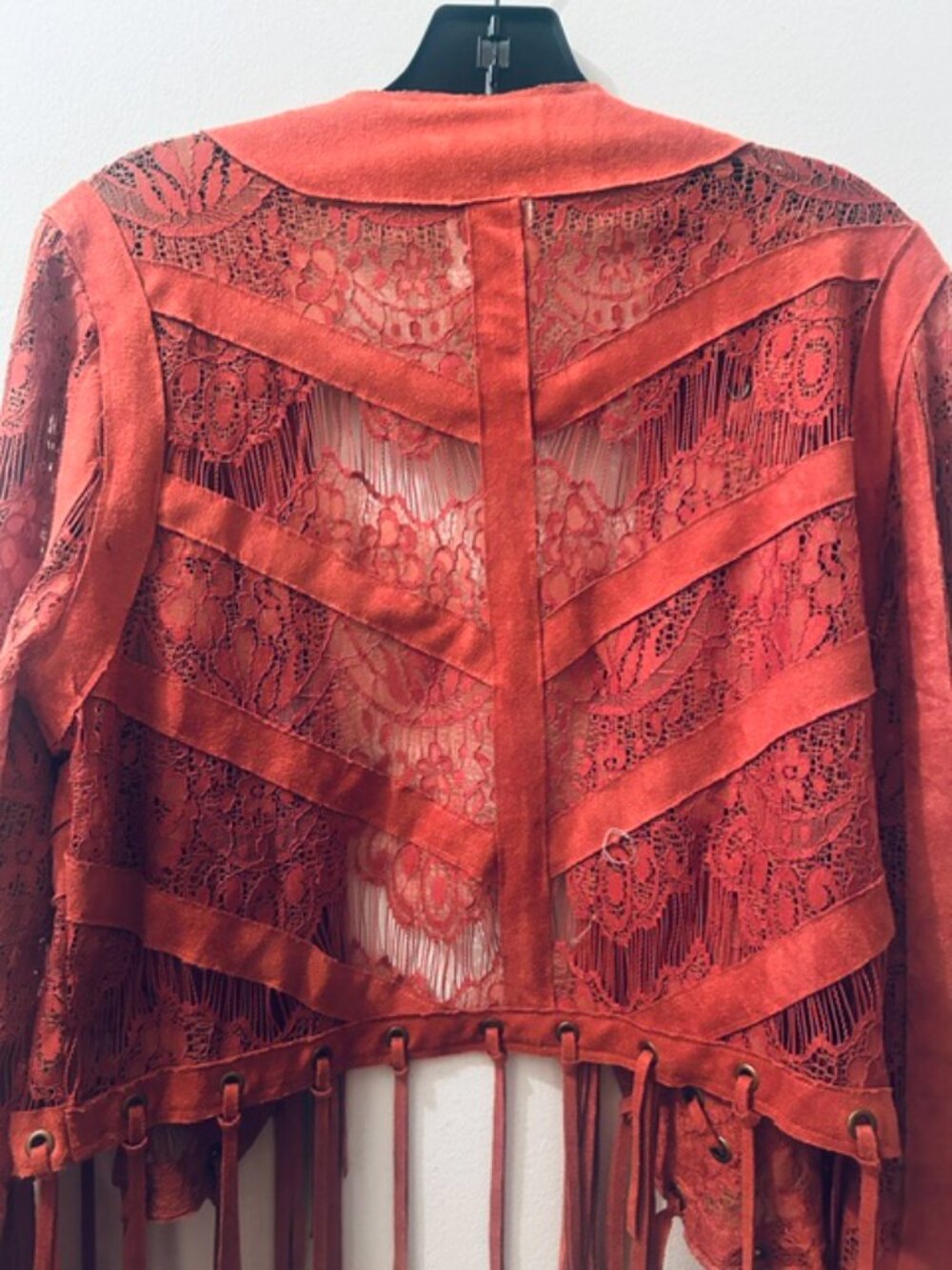 Vocal Women's Red Brick Suede Lace Stitching Fringe Open Tassel Jacket NEW - Picture 15 of 16